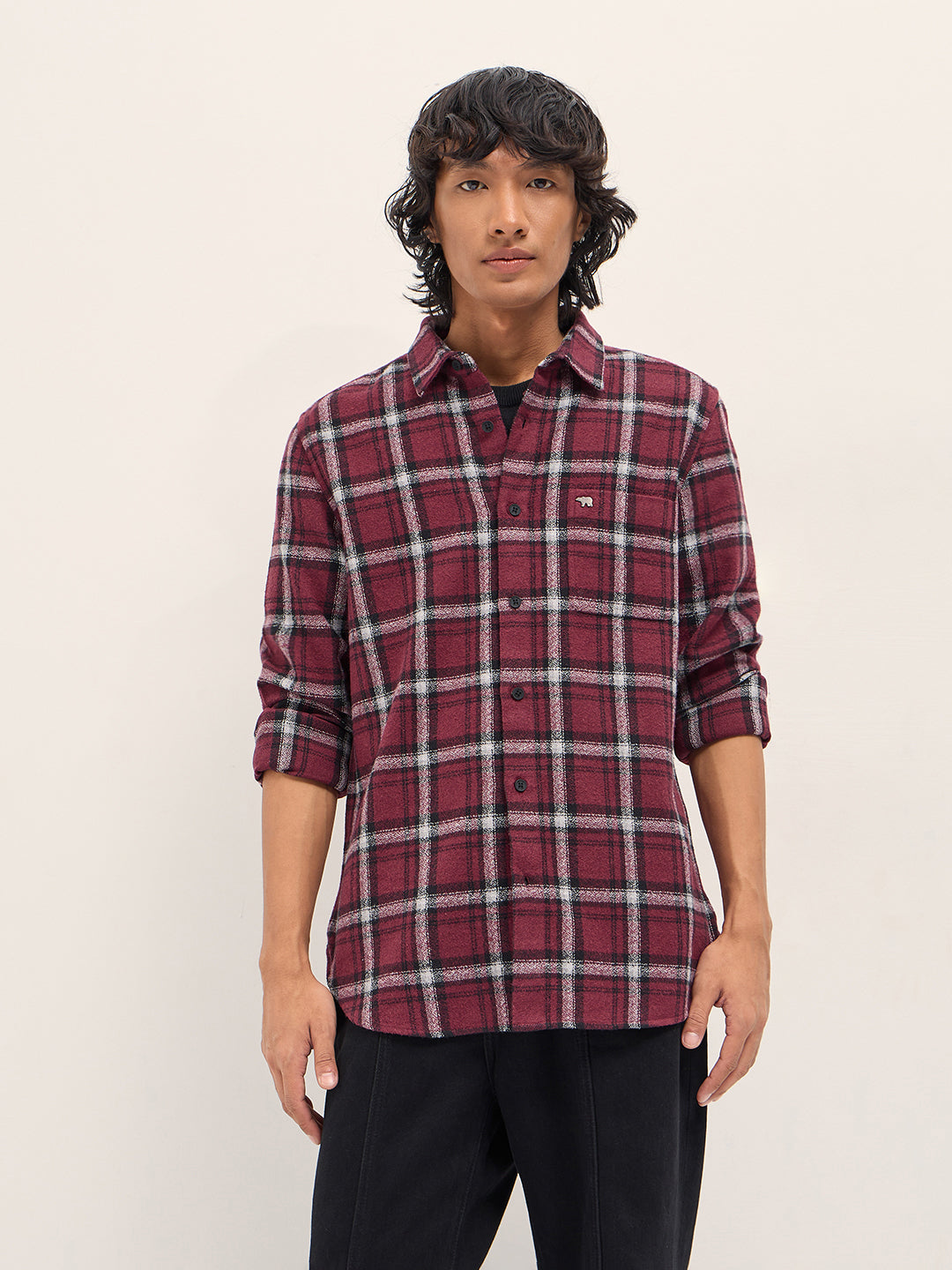 Maroon Slim Fit Tartan Checked Flannel Casual Shirt