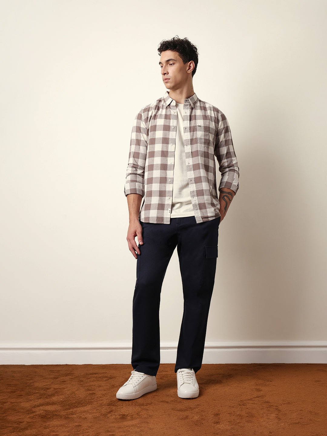 Brown with Cream Woven Checks Slim Fit Casual Shirt