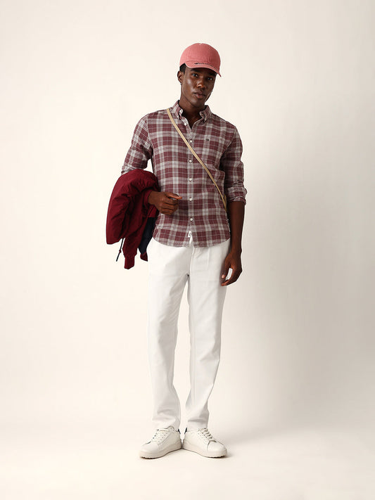 Maroon & Cream Woven Checked Slim Fit Casual Shirt