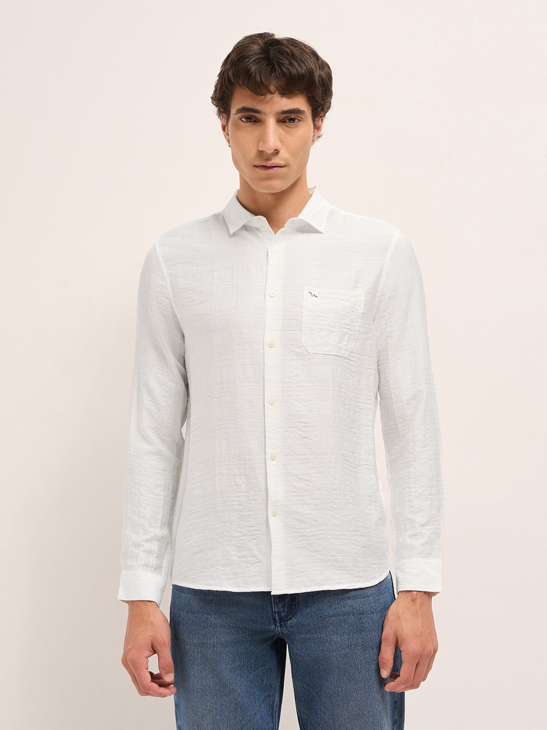 White Slim Fit Casual Shirt with Woven Textured Check Design