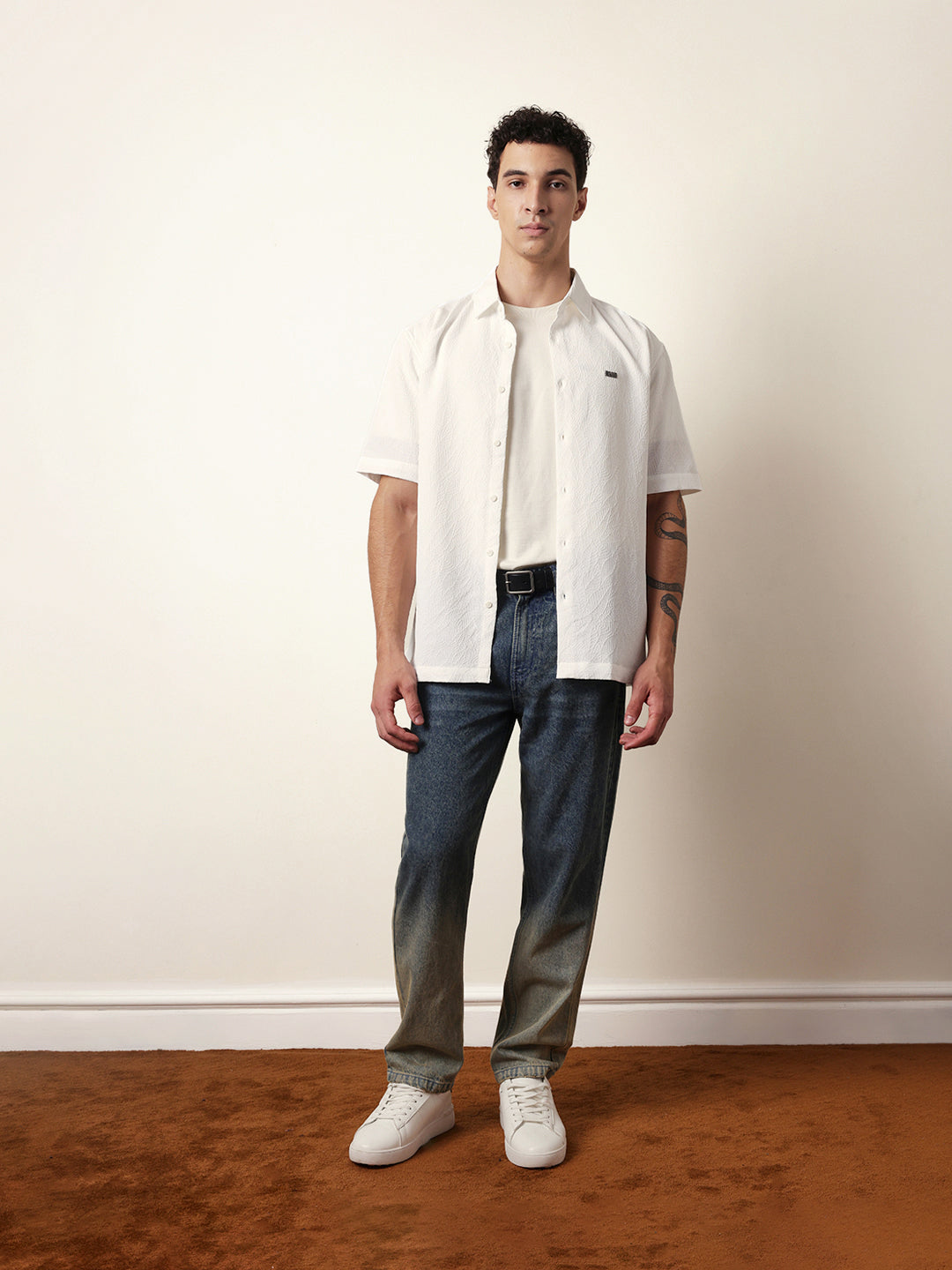White All-Over Textured Leaf Motif Oversized Shirt with Half Sleeves