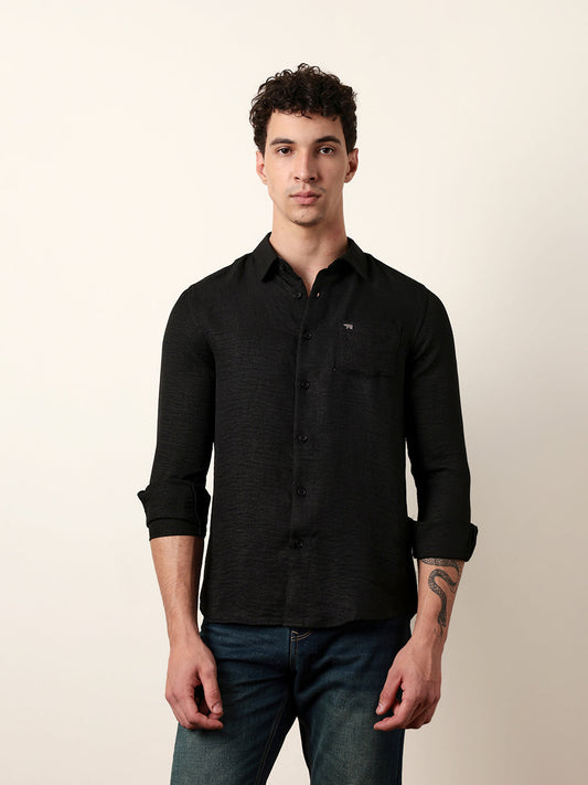 Black Woven Solid Slim Fit Casual Shirt