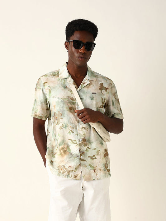 Pastel Green Watercolor Floral Printed Relaxed Fit Short Sleeve Shirt