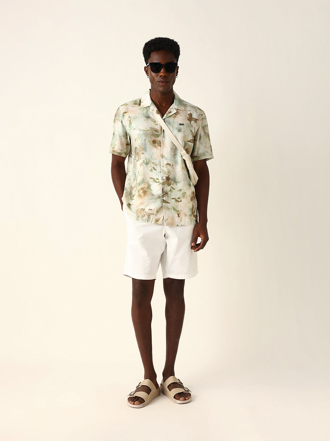 Pastel Green Watercolor Floral Printed Relaxed Fit Short Sleeve Shirt