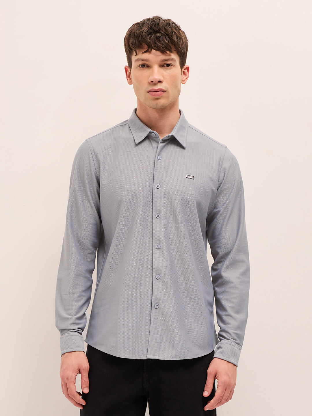 Grey Woven Textured Regular Fit Casual Shirt