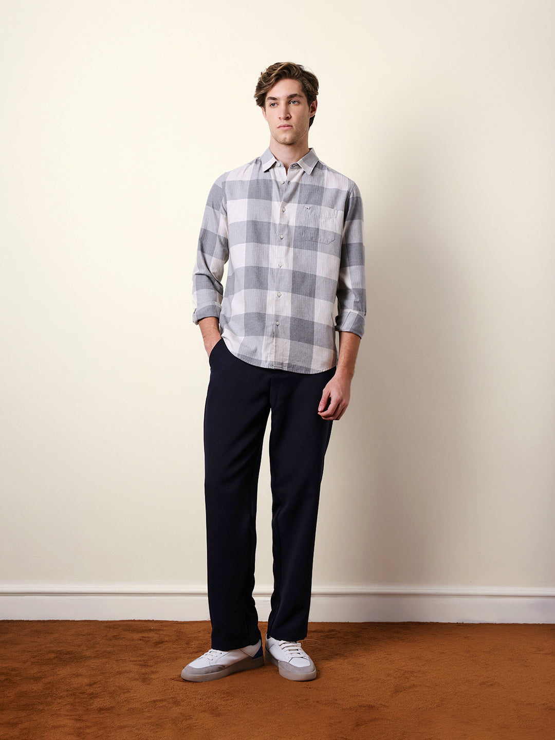 Grey & Cream Slim Fit Block Herringbone Checks Casual Shirt
