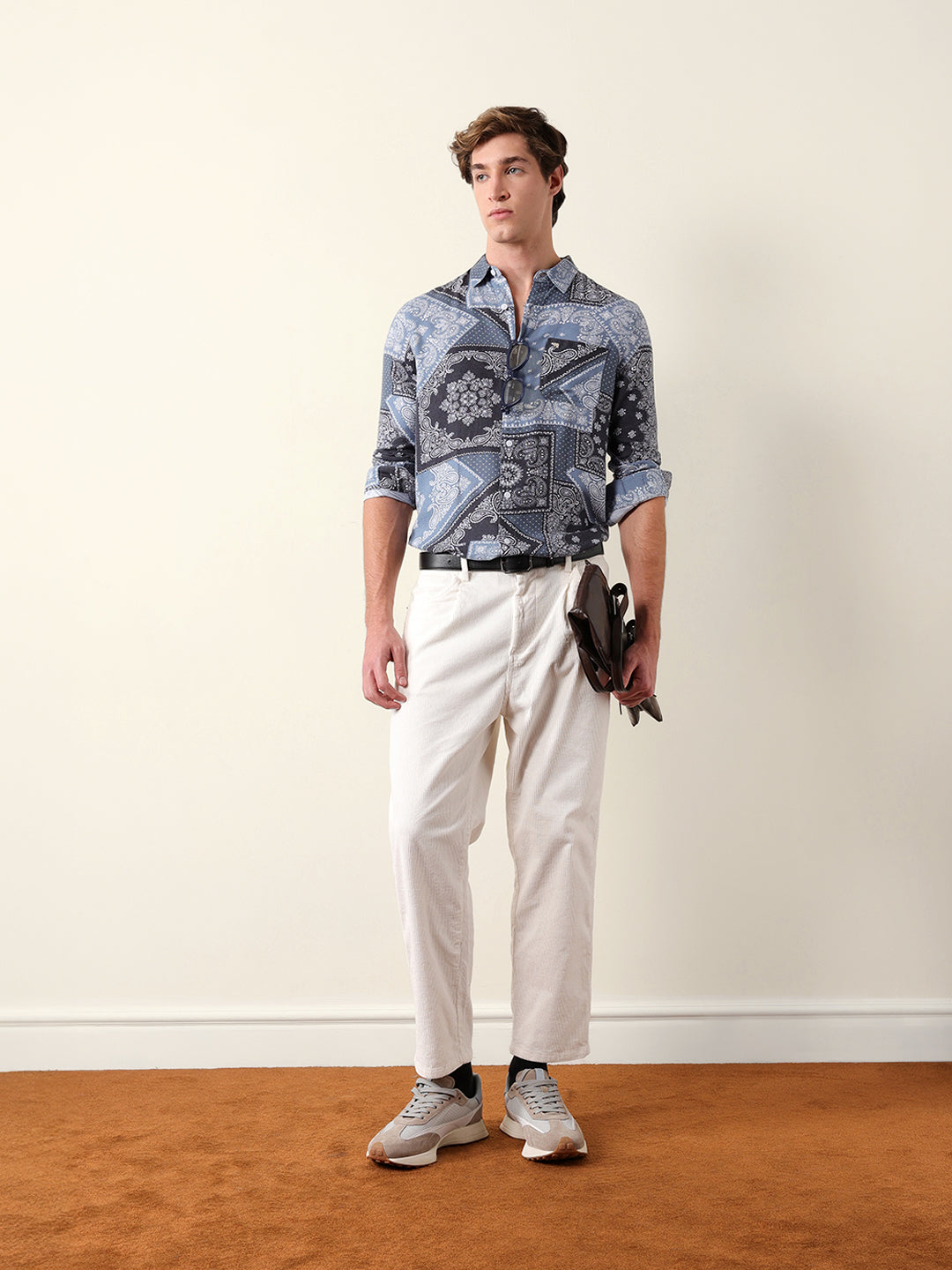 Blue Paisley Patchwork Printed Slim Fit Casual Shirt