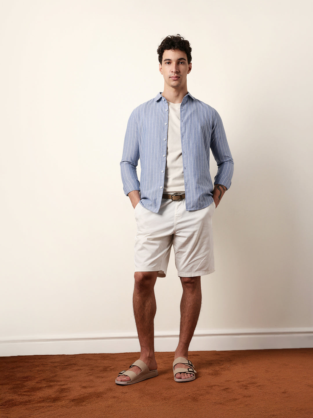 Blue Vertical Woven Stripe Slim Fit Casual Shirt