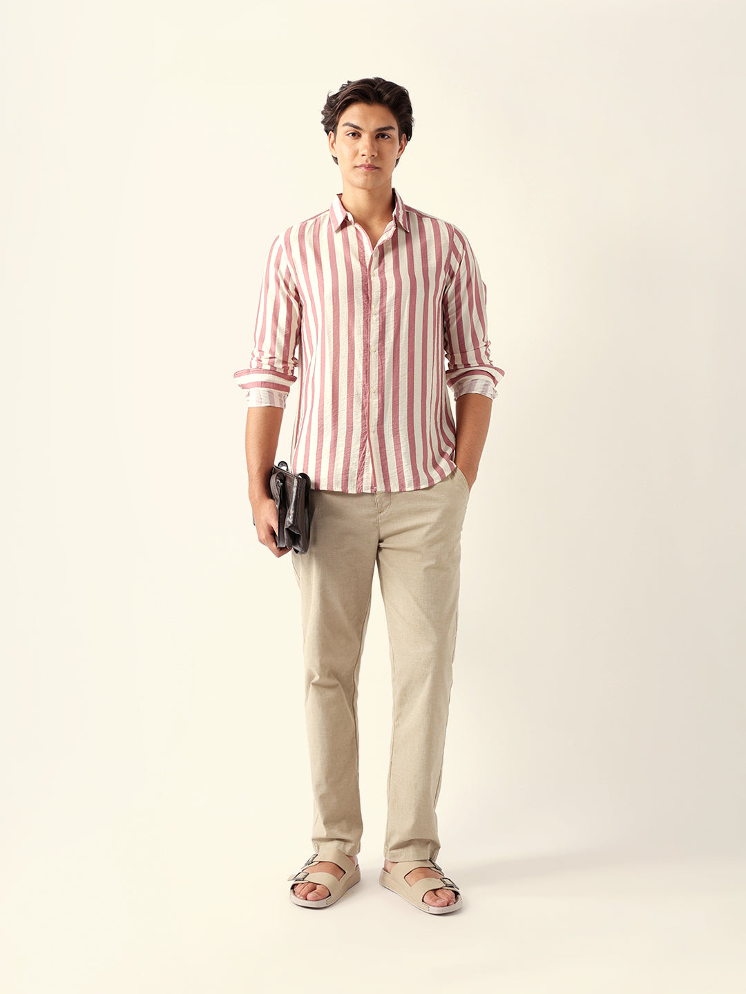 Pink & Cream Vertical Stripe Regular Fit Casual Shirt