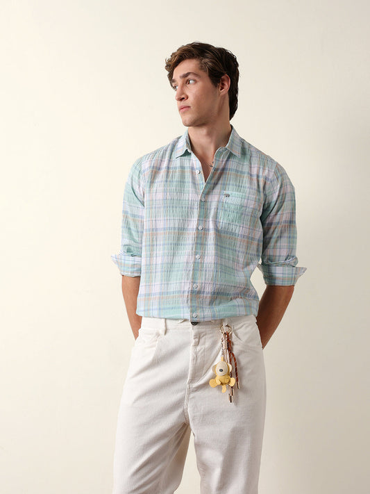 Multicolor Slim Fit Checkered Casual Shirt with Crinkle Texture