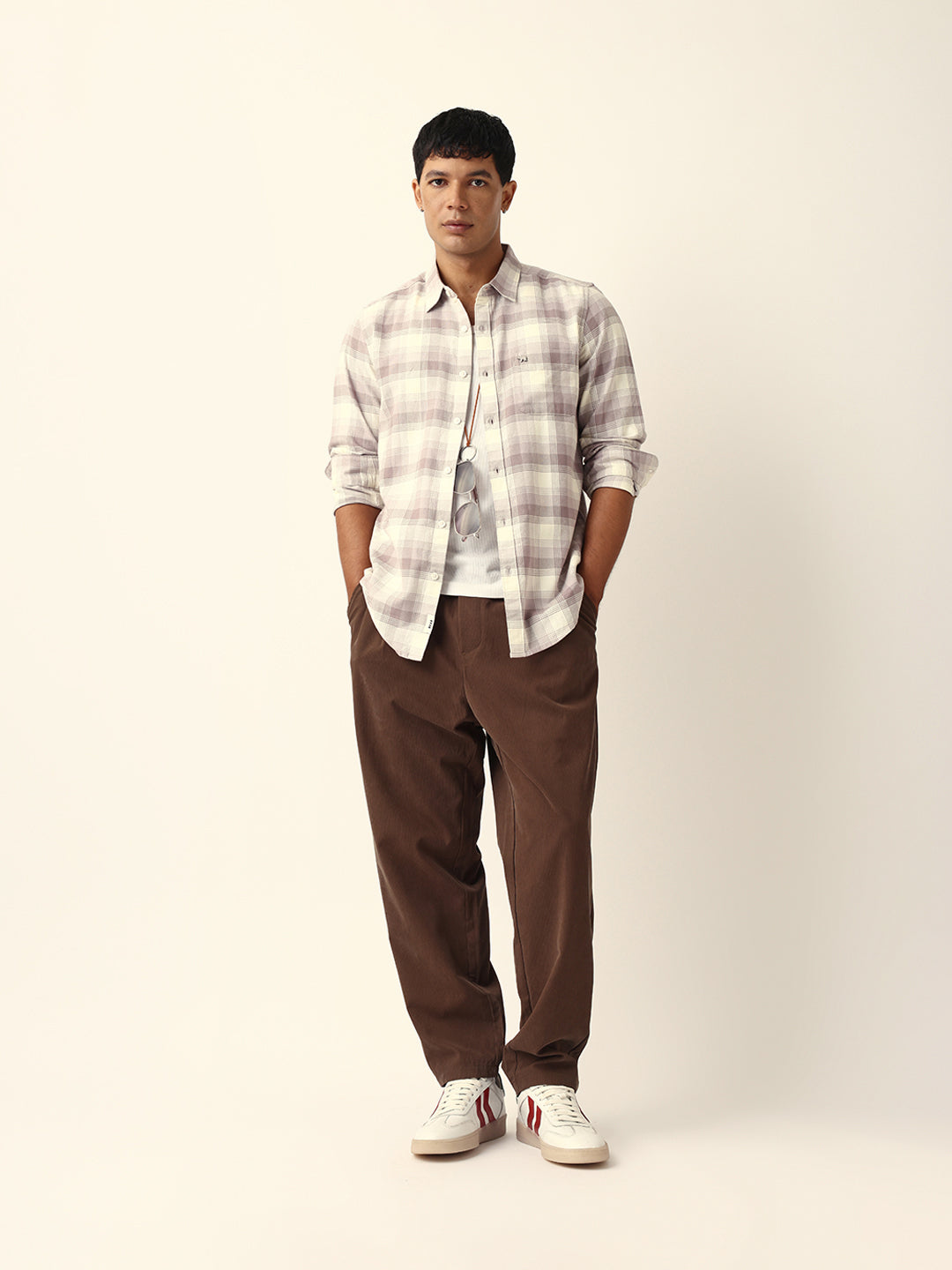 Pink with Cream Woven Checkered Slim Fit Casual Shirt