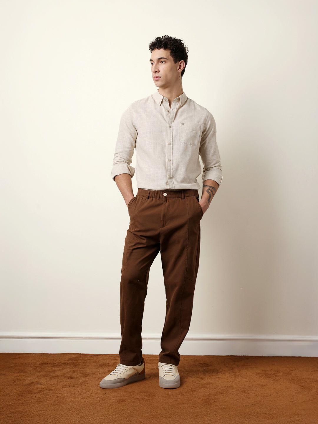 Light Cream Slub-Textured Woven Slim Fit Casual Shirt