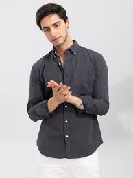 Men's Charcoal Grey Solid Casual Shirt | Premium Cotton Blend | Regular Fit | Full Sleeve