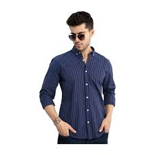 Men's Navy Blue Vertical Striped Casual Shirt | Premium Cotton Blend | Slim Fit | Full Sleeve