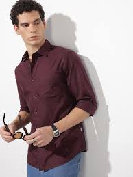 Men's Burgundy Solid Casual Shirt | Premium Cotton Blend | Slim Fit | Full Sleeve