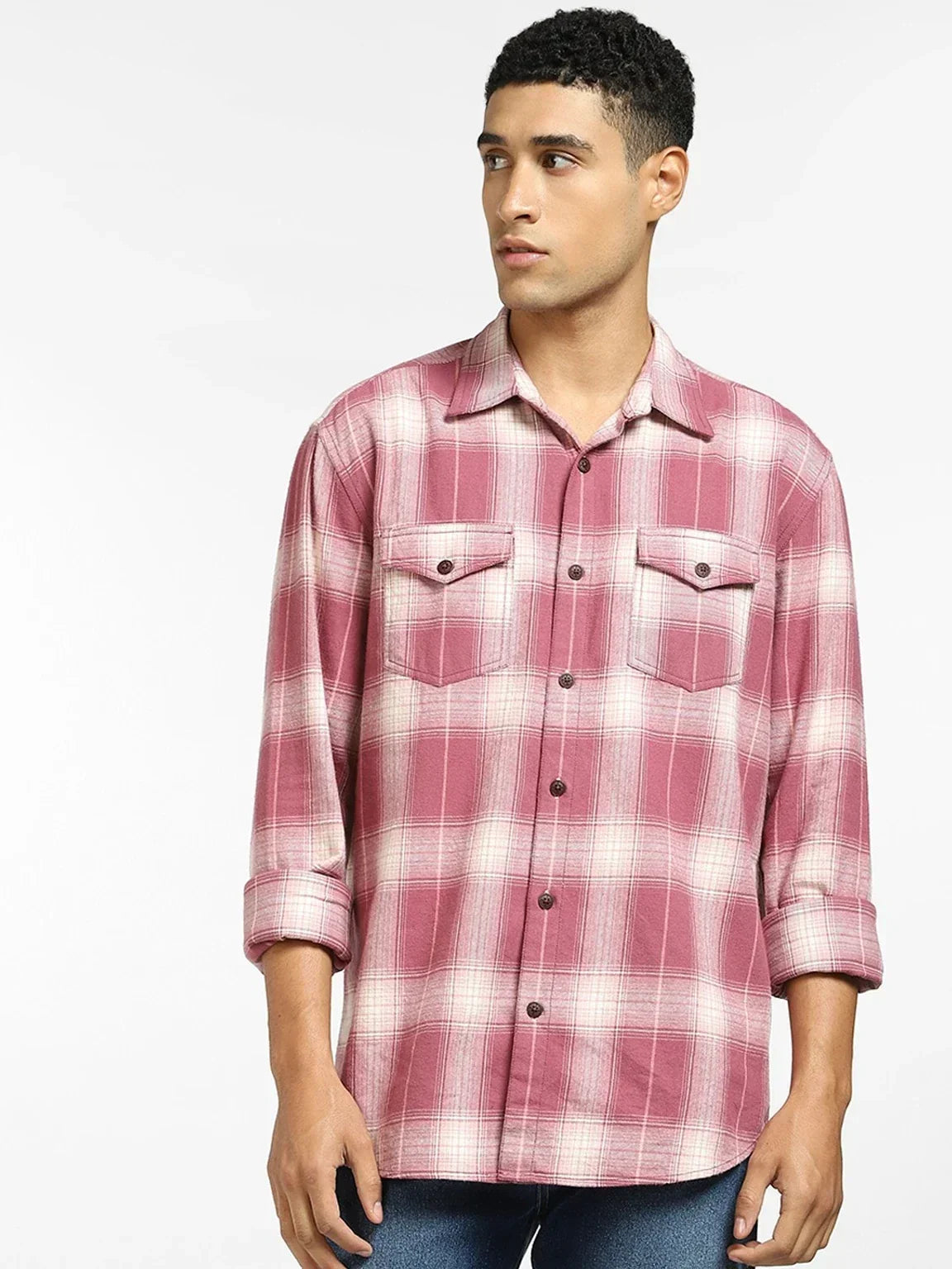 Men's Pink & White Checked Cotton Casual Shirt | Premium Regular Fit | Full Sleeve