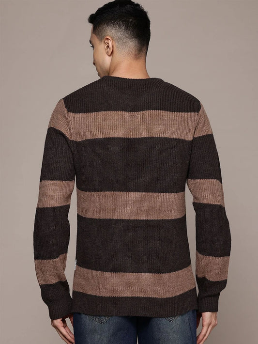 Men Striped Round Neck Brown Sweatshirt