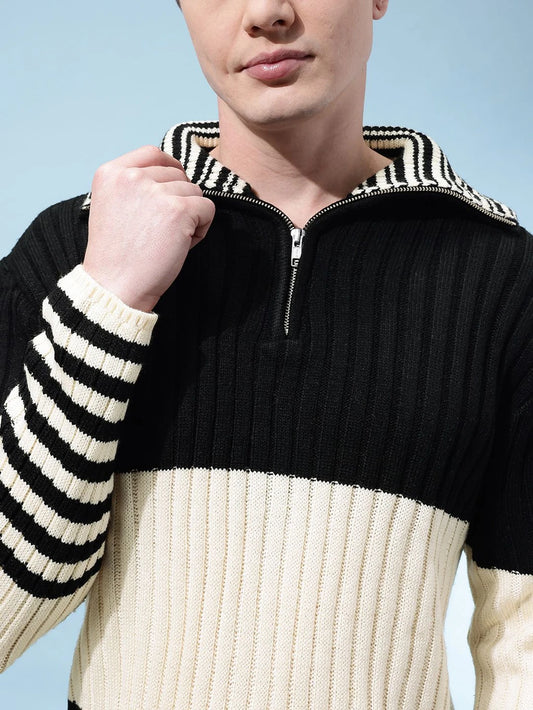 Men Colorblock Collar White Sweatshirt