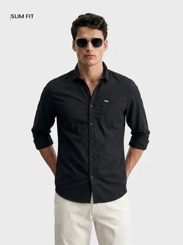 Men's Charcoal Grey Solid Casual Shirt | Premium Cotton Blend | Regular Fit | Full Sleeve