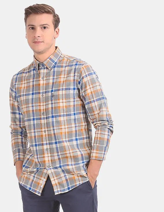 Button Down Collar Long Sleeve Check Casual Shirt