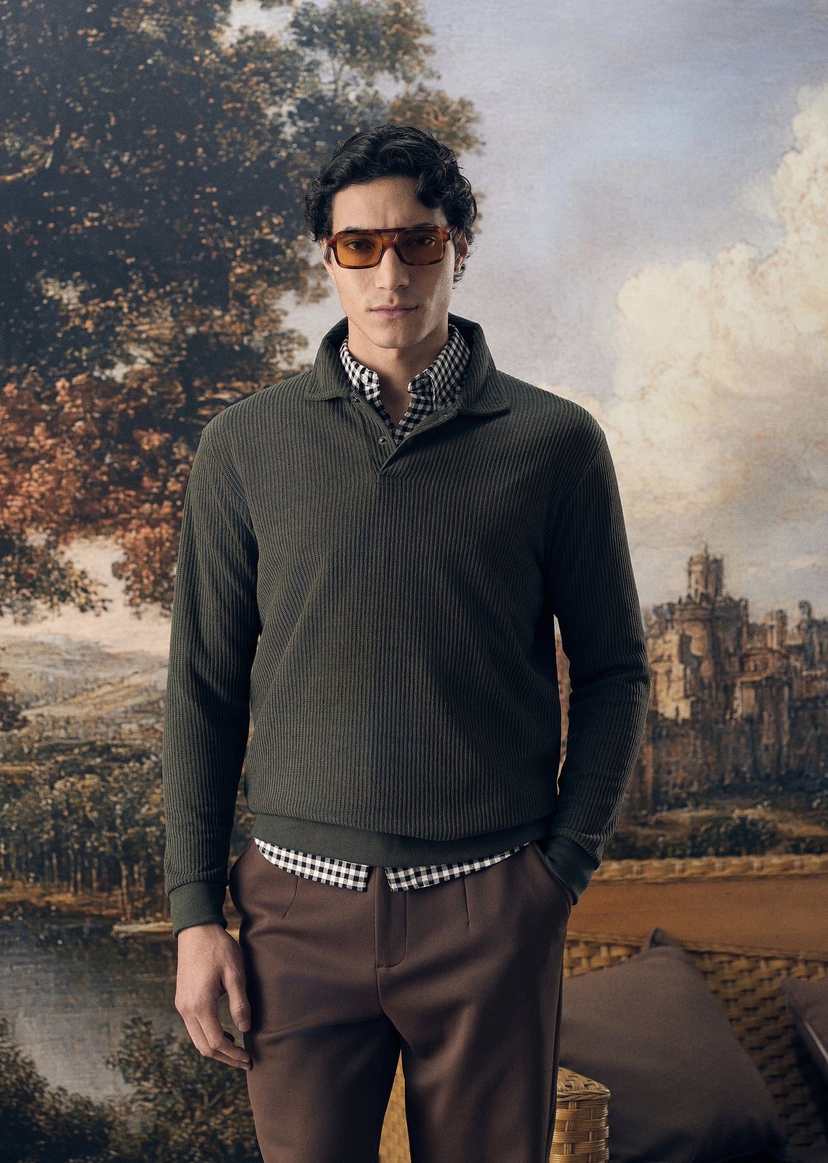Olive Green Waffle Knit Polo Sweatshirt