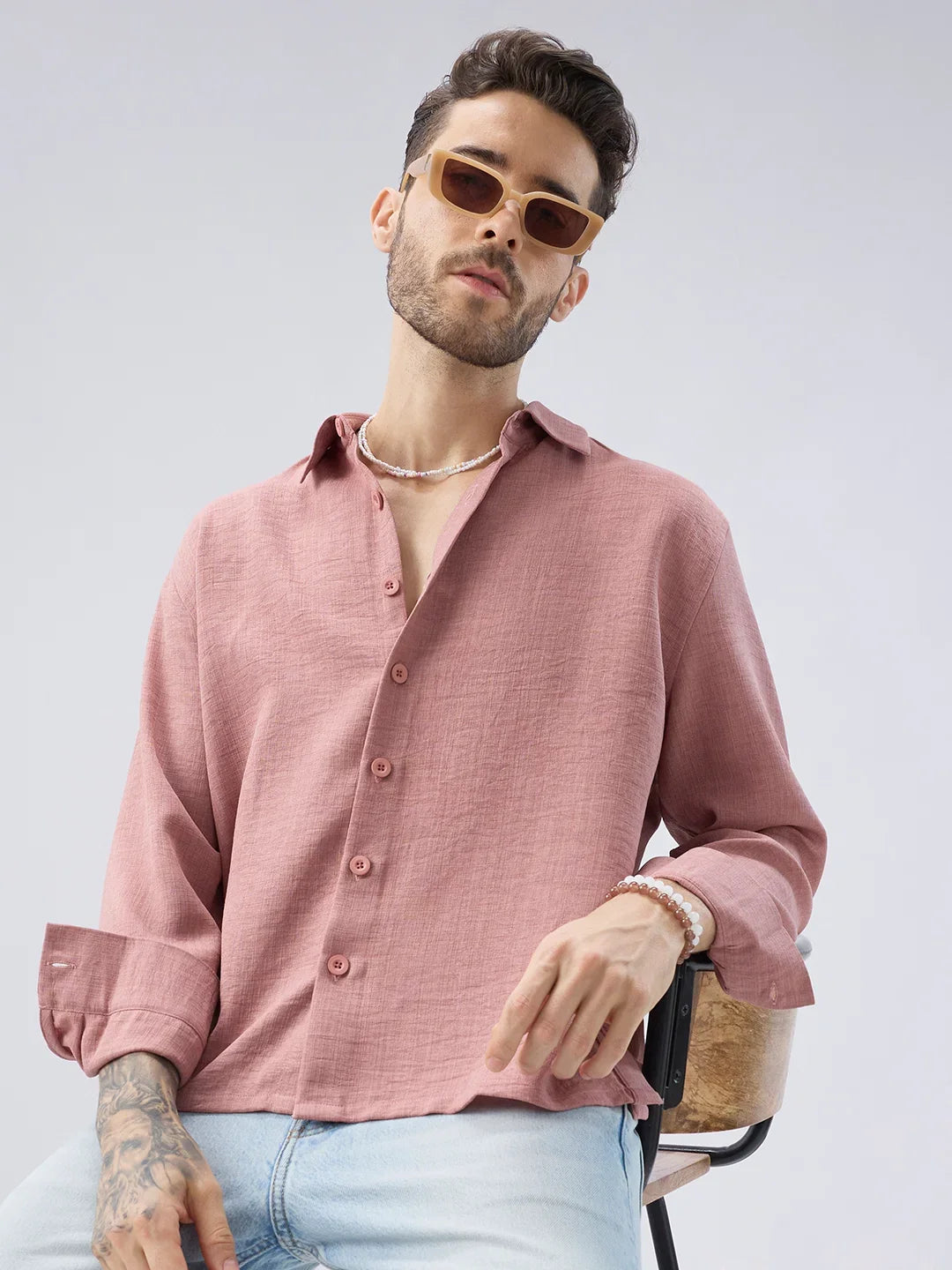 Rose Pink Slub Textured Side-Slit Button Oversized Crop Shirt