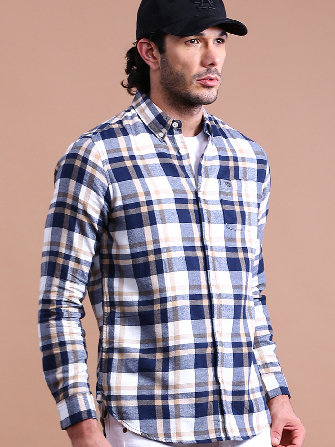 Men Blue & Grey Checks Slim Fit Cotton Casual Shirt