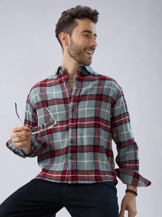 Mist Rust Checks Boxy Fit Cropped Flannel Shirt