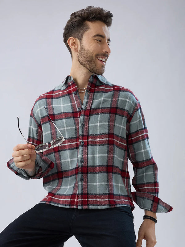 Mist Rust Checks Boxy Fit Cropped Flannel Shirt