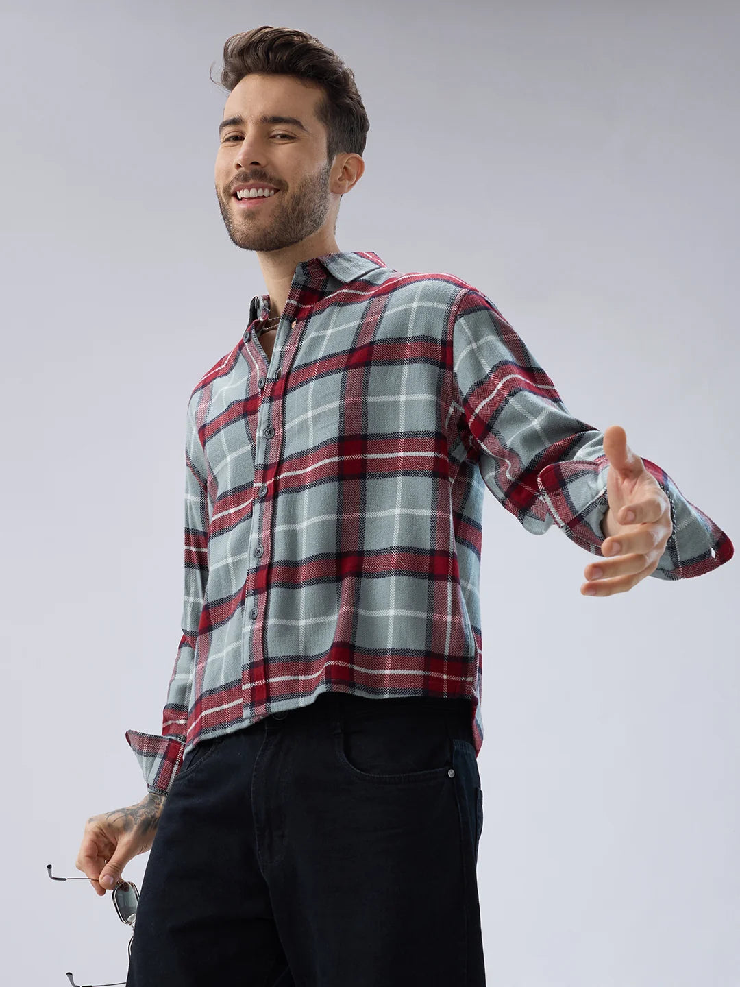 Mist Rust Checks Boxy Fit Cropped Flannel Shirt