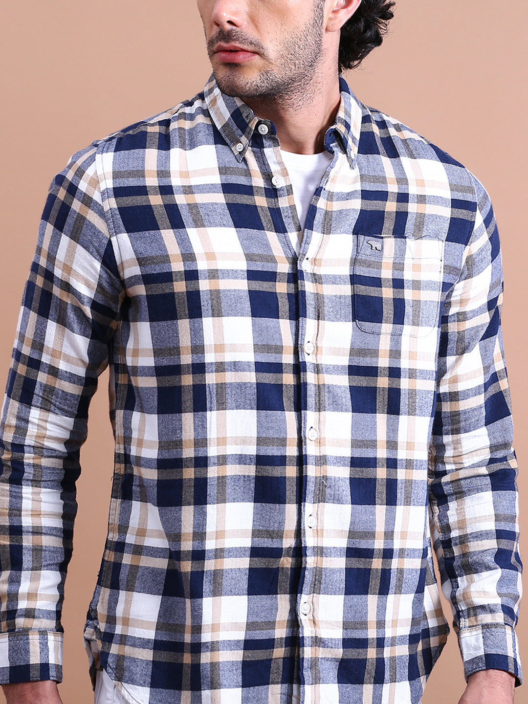 Men Blue & Grey Checks Slim Fit Cotton Casual Shirt