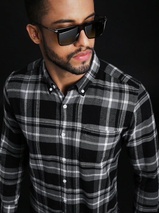 Men Black & Grey Checks Slim Fit Shirt