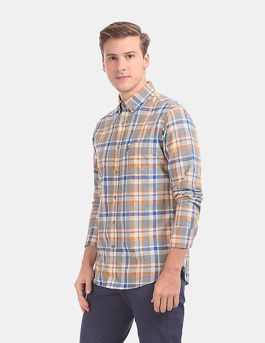 Button Down Collar Long Sleeve Check Casual Shirt