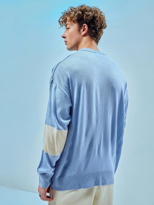 Men Printed Round Neck Blue Sweater