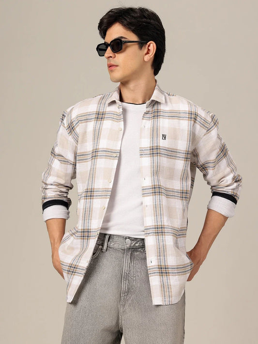Men’s Beige & White Checked Casual Shirt