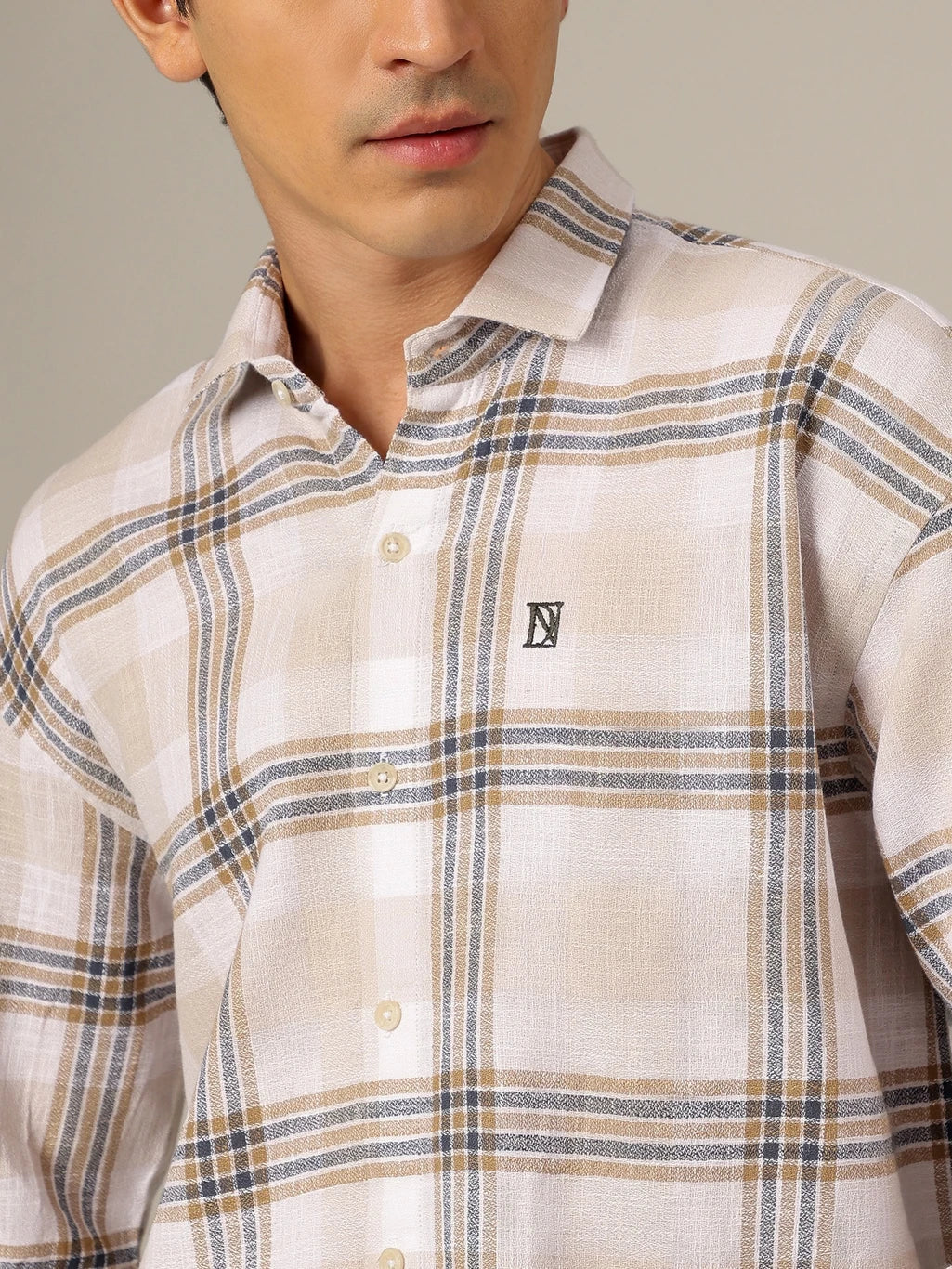 Men’s Beige & White Checked Casual Shirt