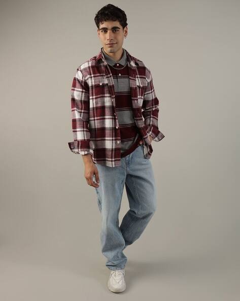 Men's Premium Maroon Check Overshirt | Casual Cotton Flannel Shirt