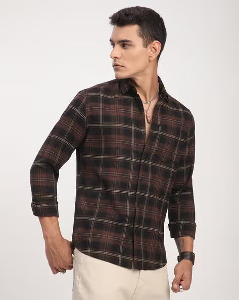 Men's Brown & Black Checked Casual Cotton Shirt