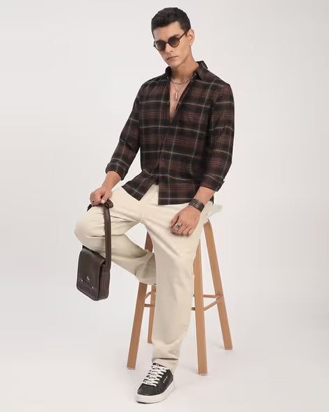 Men's Brown & Black Checked Casual Cotton Shirt