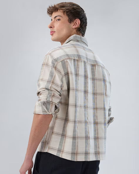 Men Checked Boxy Fit Spread-Collar Shirt