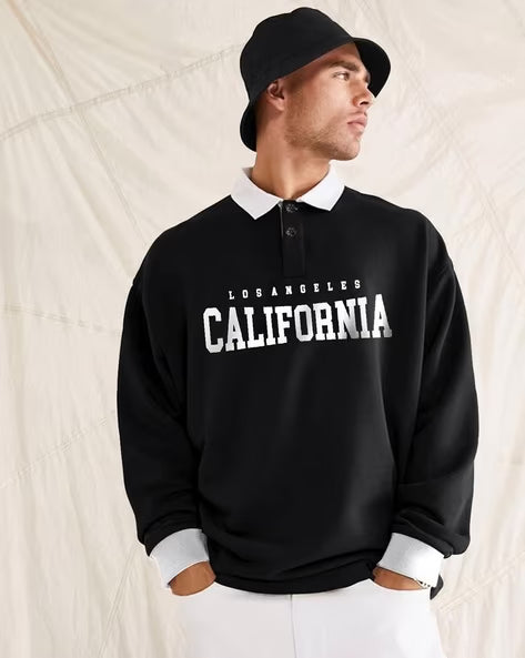 Men Typographic Print Oversized Fit Polo SweatShirt