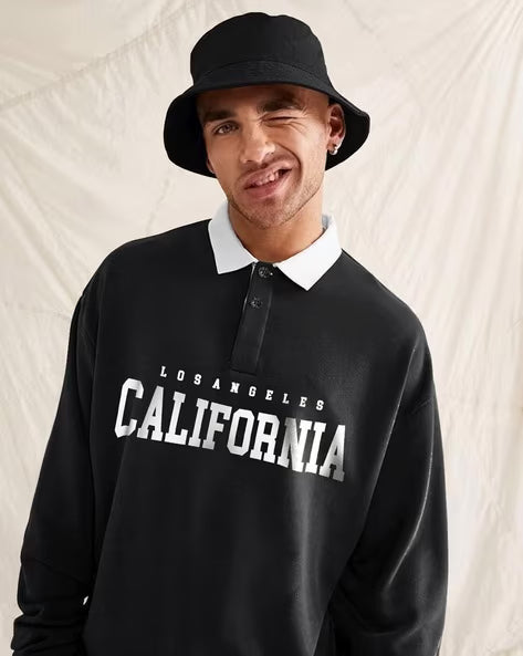 Men Typographic Print Oversized Fit Polo SweatShirt