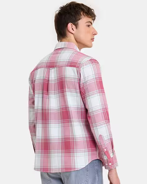 Men's Pink & White Checked Cotton Casual Shirt | Premium Regular Fit | Full Sleeve