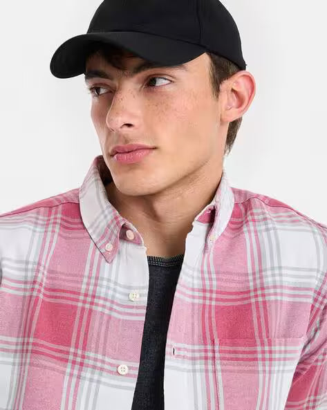 Men's Pink & White Checked Cotton Casual Shirt | Premium Regular Fit | Full Sleeve