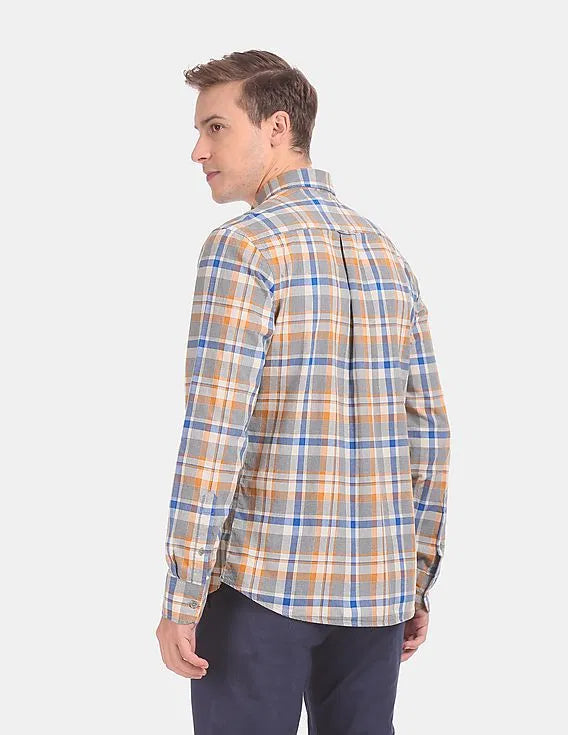 Button Down Collar Long Sleeve Check Casual Shirt