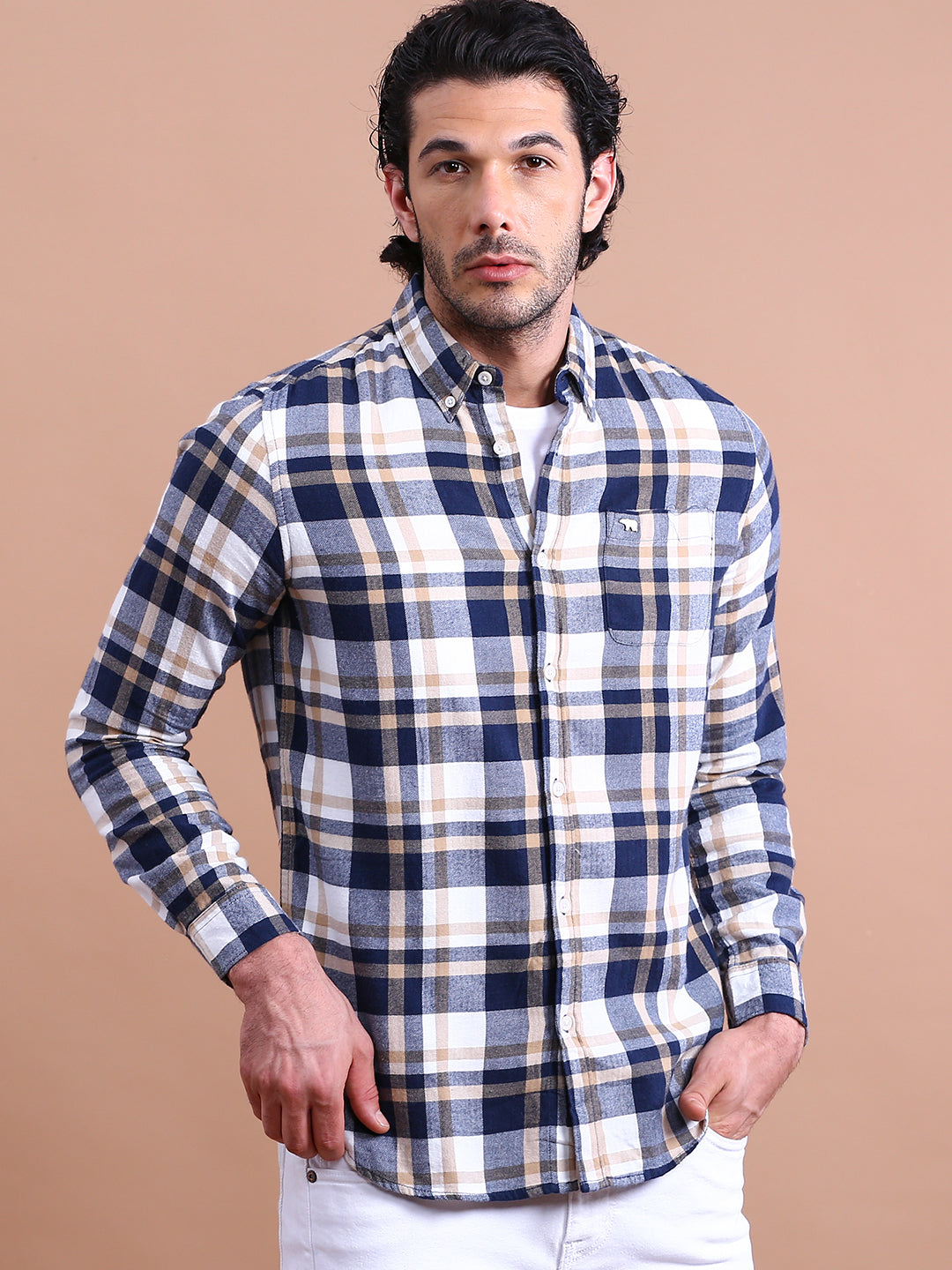 Men Blue & Grey Checks Slim Fit Cotton Casual Shirt