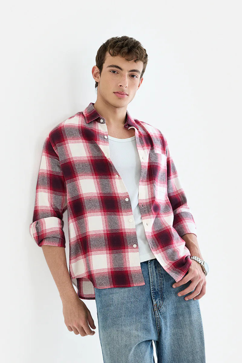 Men's Red & White Oversized Checkered Flannel Shirt
