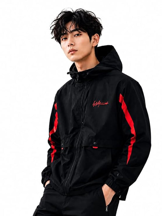 Men's Black Side Stripes Hooded Jacket