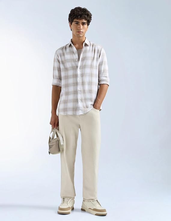 Men's Beige Checked Casual Cotton Shirt