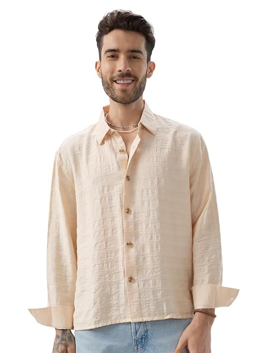 Soft Beige Striped Side-Slit Button Boxy Fit Crop Shirt